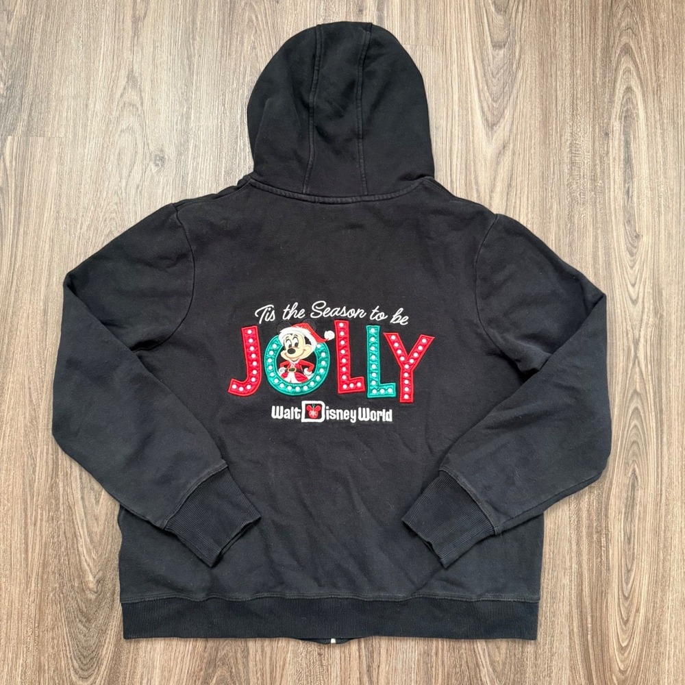 Disney Mickey Christmas "Tis the Season to be Jolly" Zip Up Hoodie XL Black - Picture 4 of 8